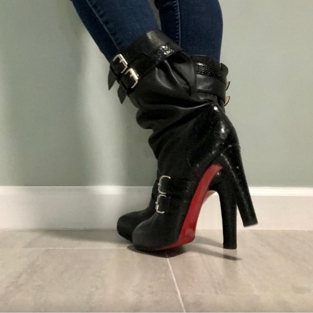 Black Leather Buckle Boots  louboutin